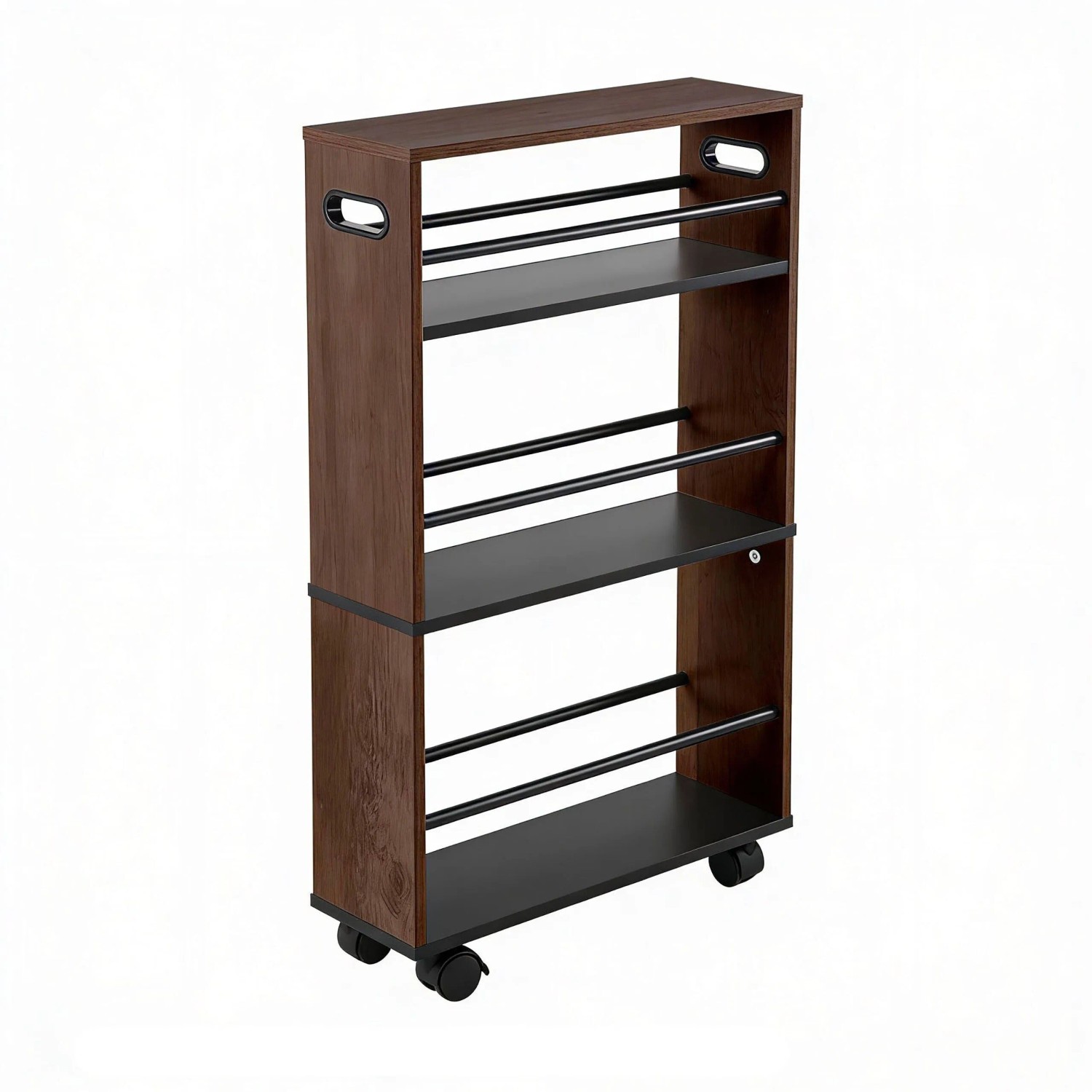 Relaxdays Nischenwagen Holzwerkstoff Schwarz Rollbar 4 Ebenen 80 x 15 x 45 cm