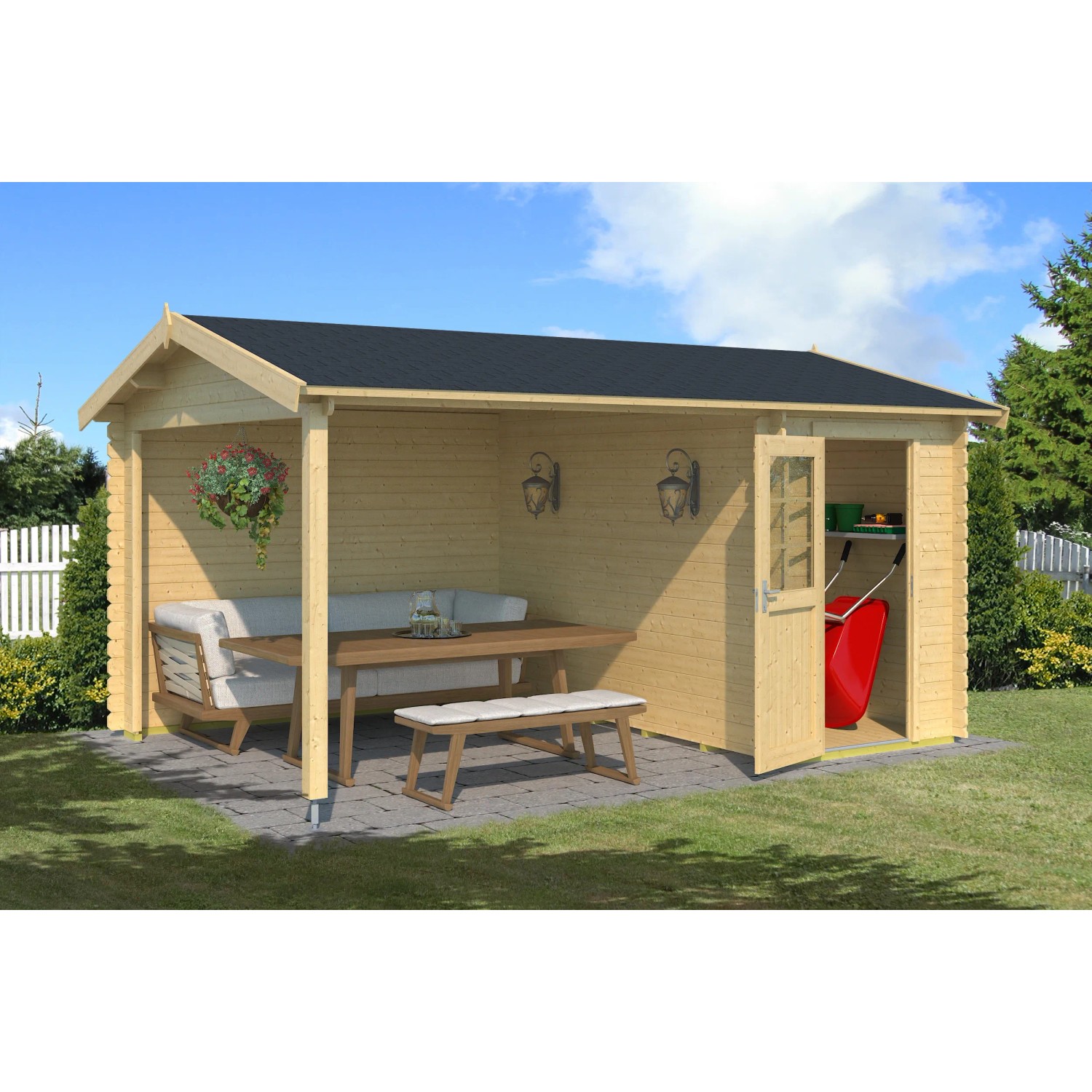 Lasita Holz-Gartenhaus Wibo mit Anbaudach, naturbelassen. Gartenhaus mit Sitzbereich und Geräteraum.