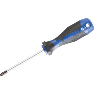 LUX Schraubendreher Comfort PZ2, 100 mm, mit blau-schwarzem Griff und Aufhängeloch.