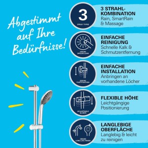 Grohe QuickFix Brausestangenset Vitalio Joy mit 3 Strahlarten und Antikalk-System.