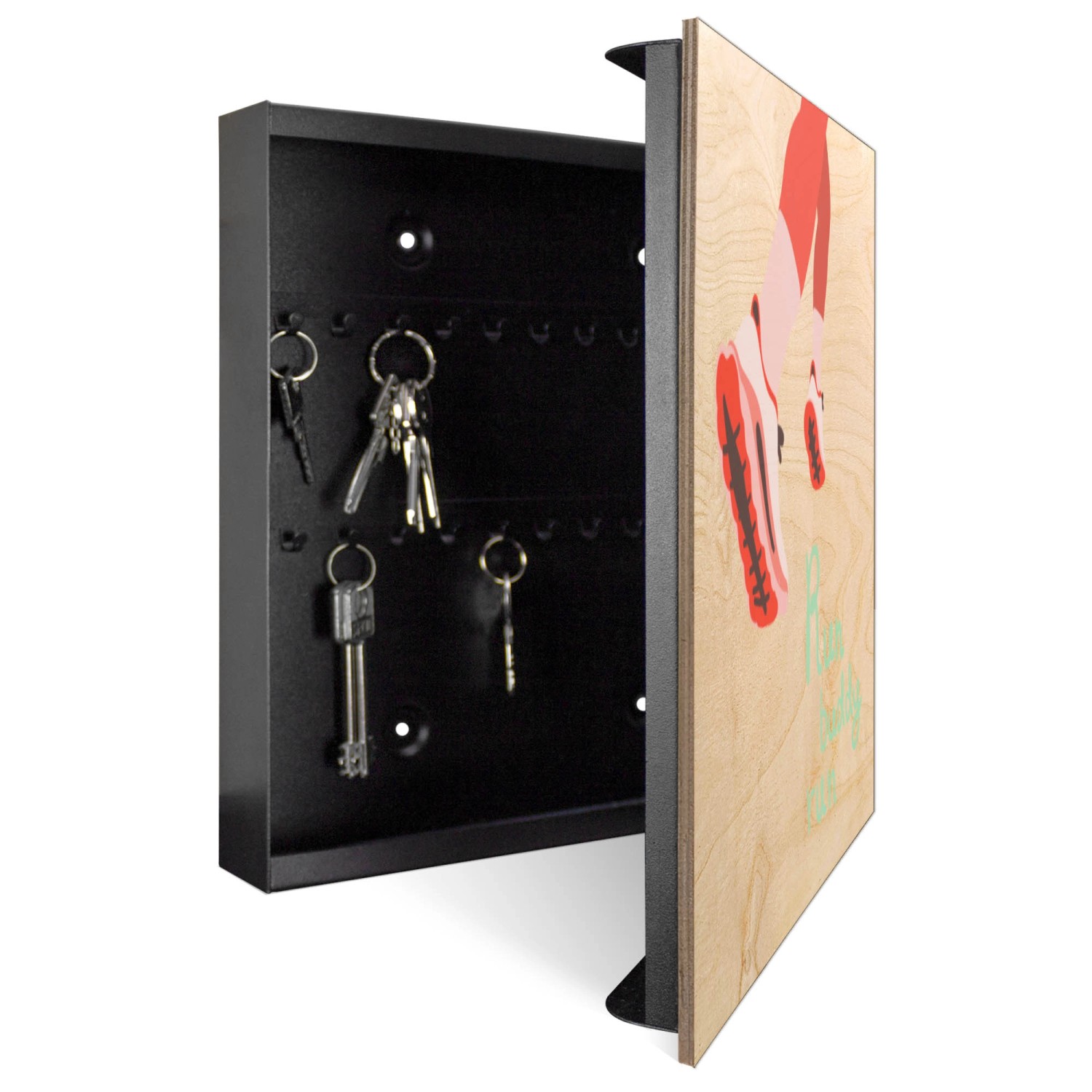 Offener, schwarzer Banjado Schlüsselkasten aus Holz (30x30cm) mit Laufschuh-Motiv und 50 Haken.