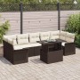 Braunes 8-teiliges Garten-Sofa-Set aus Poly Rattan mit beigen Kissen und Tisch.