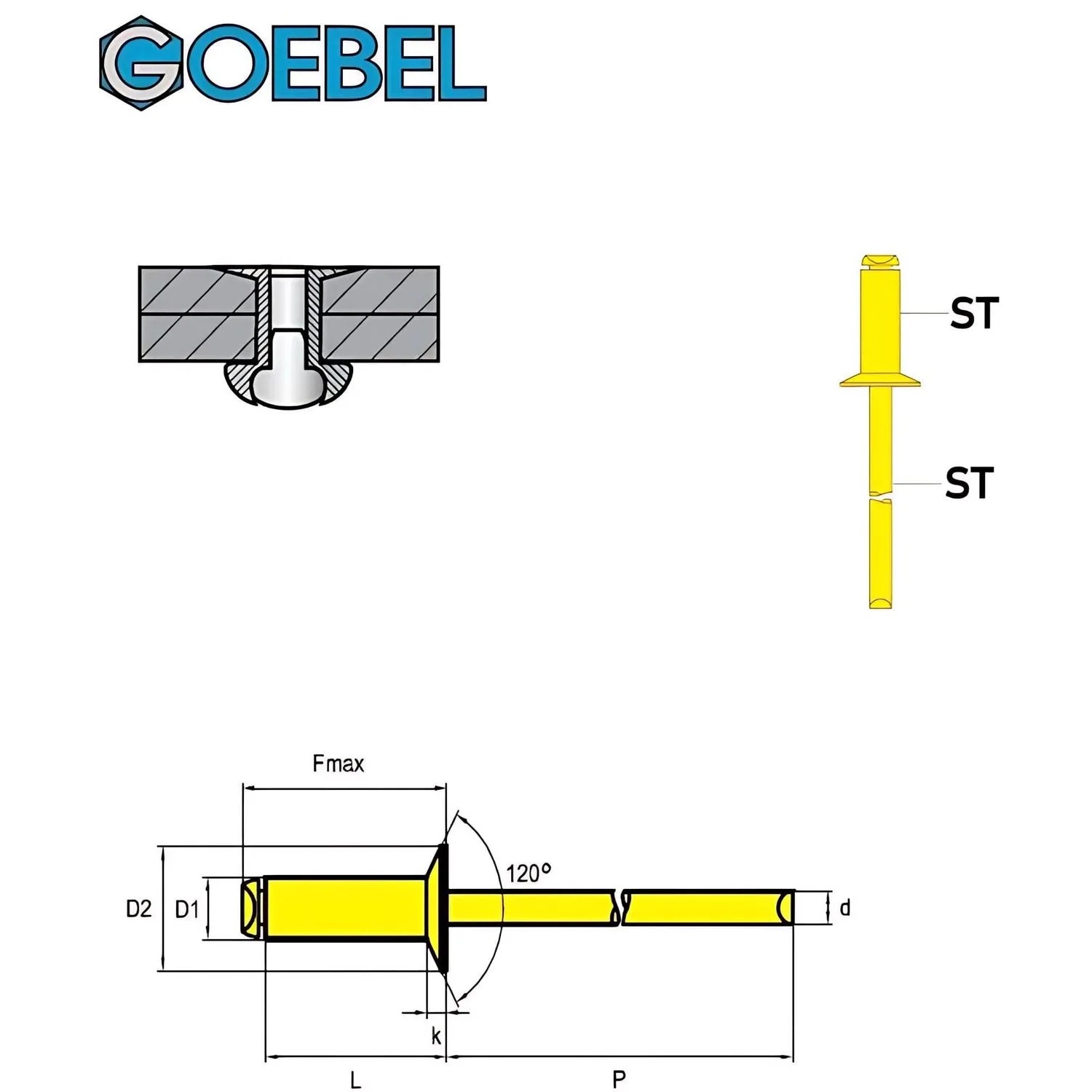Technische Zeichnung einer Goebel Stahl Blindniete 3,2 x 8,0 mm mit Senkkopf nach ISO15980.