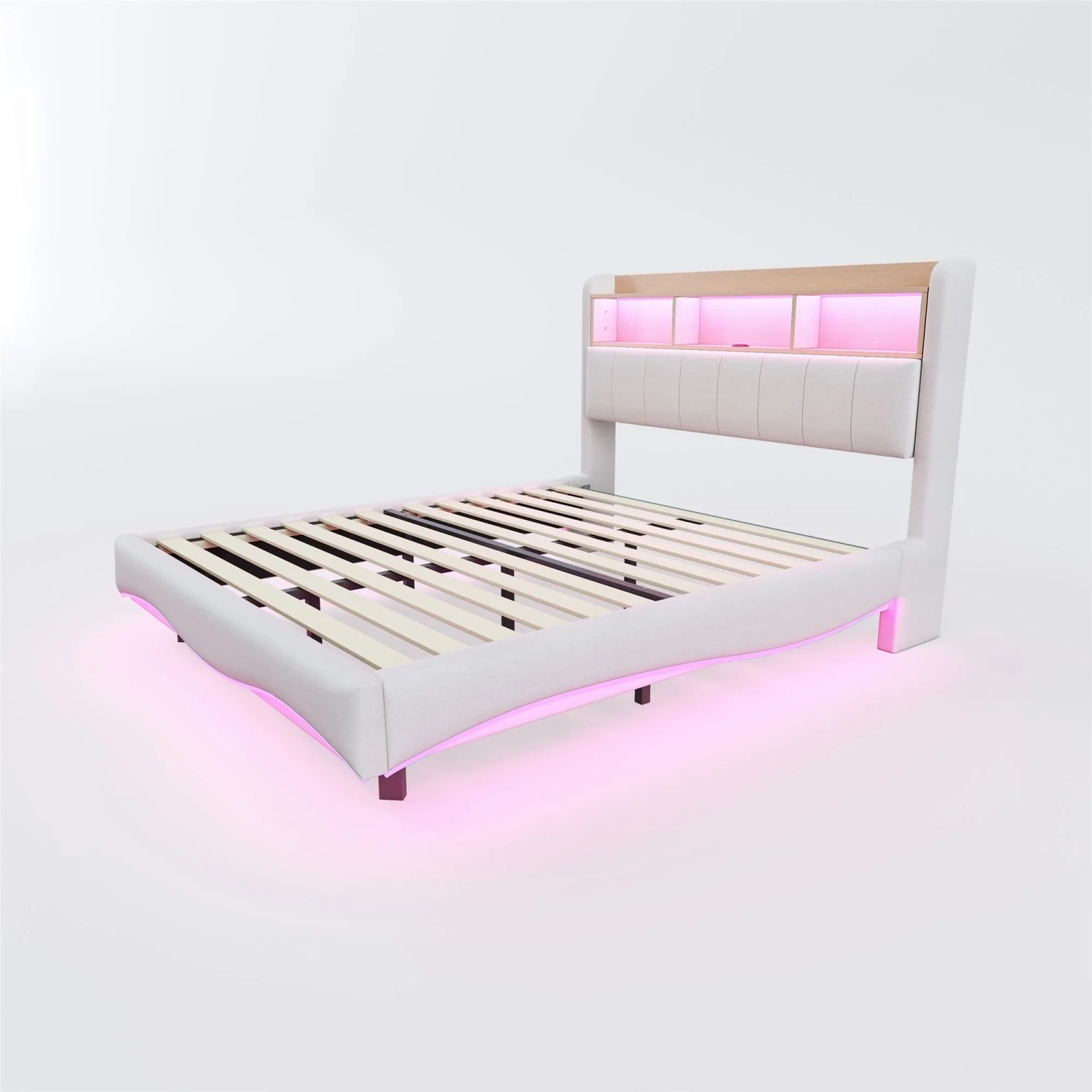 okwish Polsterbett 140x200cm mit LED USB Type C Stauraum Schlafzimmer Beige ohne Matratze