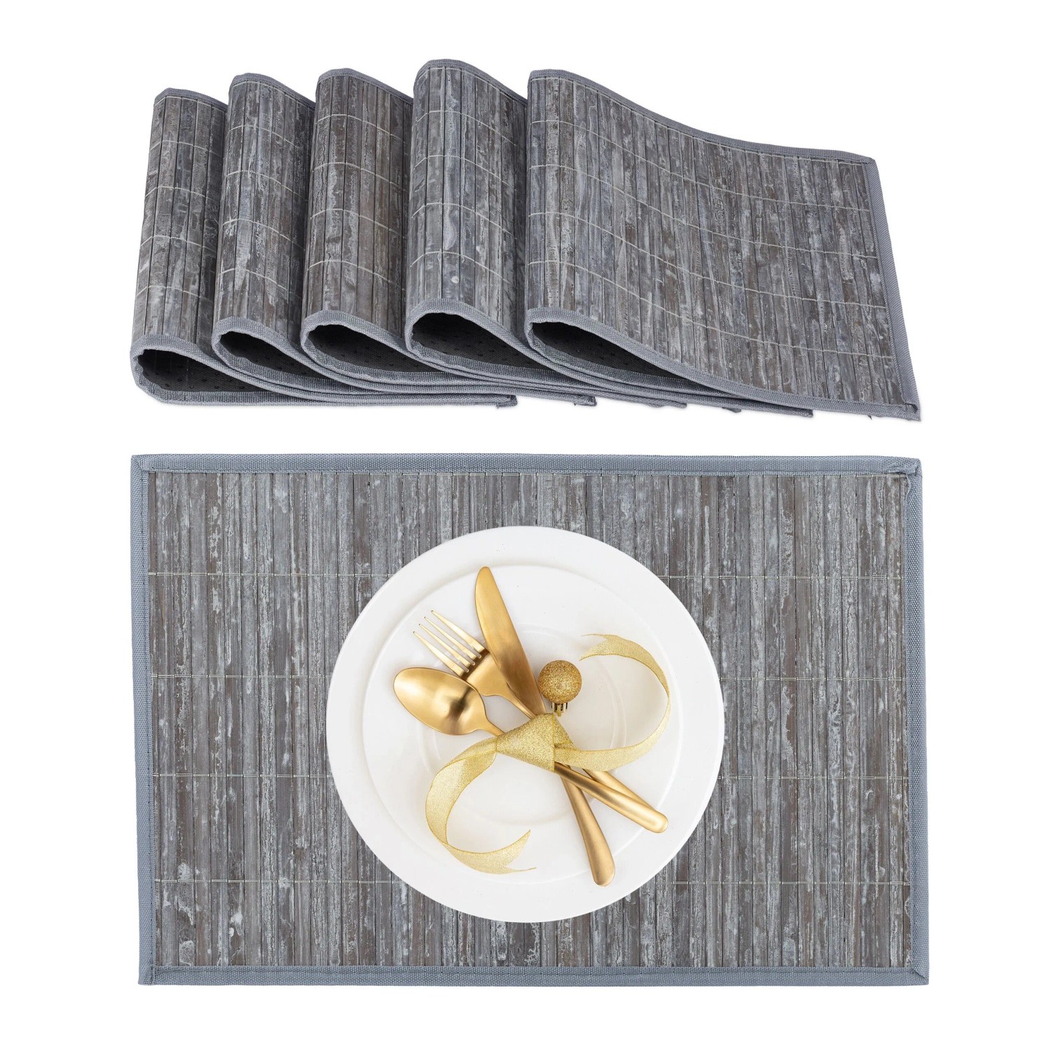 Relaxdays Tischset 6er Set Bambus Grau Rutschhemmend 45 cm x 30 cm