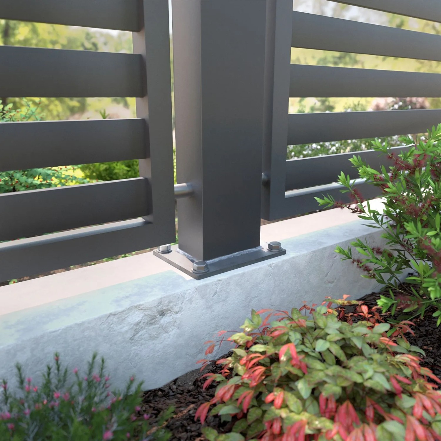 SOTECH Anschweißplatte 150x150x8mm aus schwarzem Stahl, befestigt einen Zaunpfosten auf Beton. Robuster Pfostenträger.