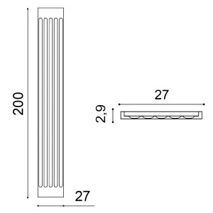Technische Zeichnung: ORAC DECOR K250 LUXXUS Stuck Pilaster Schaft, Maße 27x200x2,9 cm.