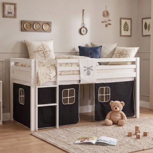 Homestyle4u Hochbett 90x200 mit Vorhang und Lattenrost in Weiß Pirat 2538