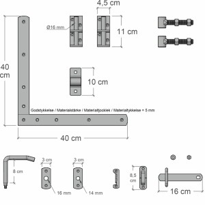 Detailansicht Beschläge für Einzeltor Linea Nadelholz Schwarz, Maße und Details.