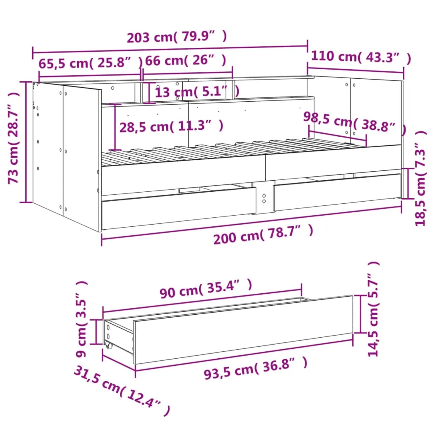 Weißes Tagesbett mit 2 Schubladen, technische Zeichnung mit Maßen. Bett 100x200 cm, Stauraum.