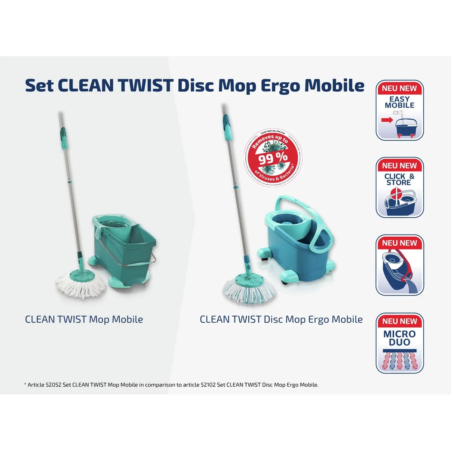 Leifheit CLEAN TWIST Disc Ergo Wischmopp Set mit Eimer und Rollen für glatte Böden.