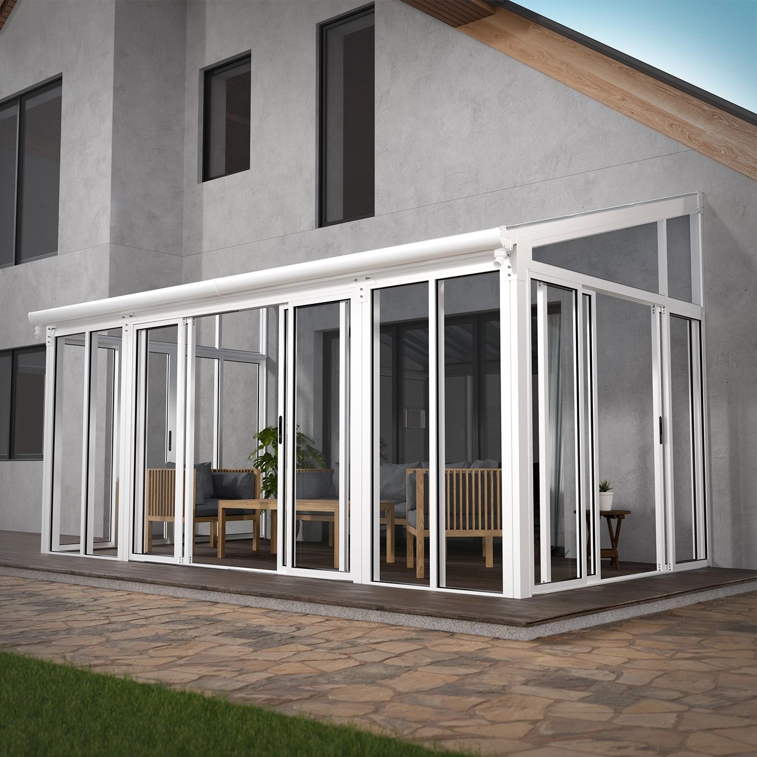 Weißer Juskys Wintergarten (292x548x312 cm) mit Schiebetüren, Alurahmen und Polycarbonatplatten.