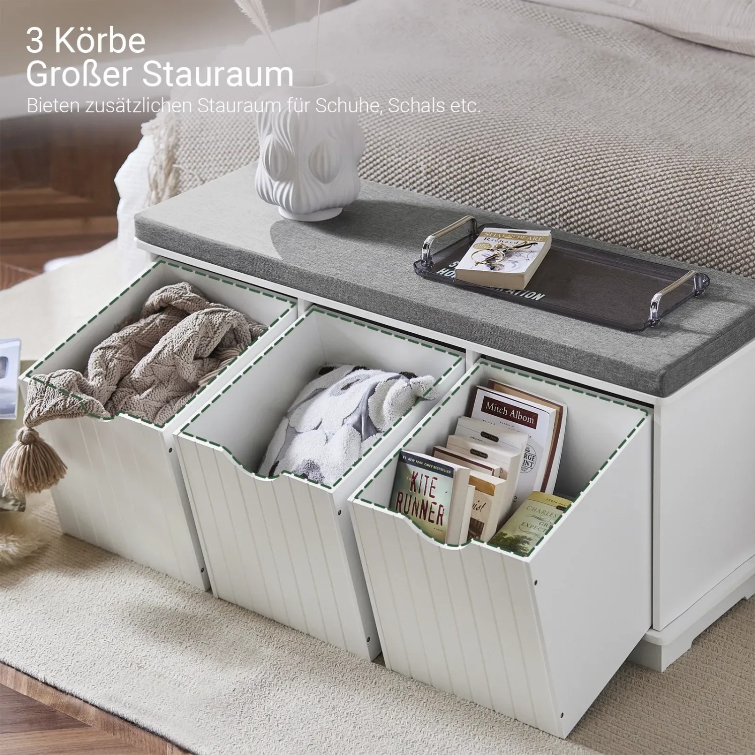 SoBuy Schuhbank mit Sitzfläche Sitzbank mit 3 Körben Schuhregal für Flur 100x46x36cm Weiß FSR30-W_7