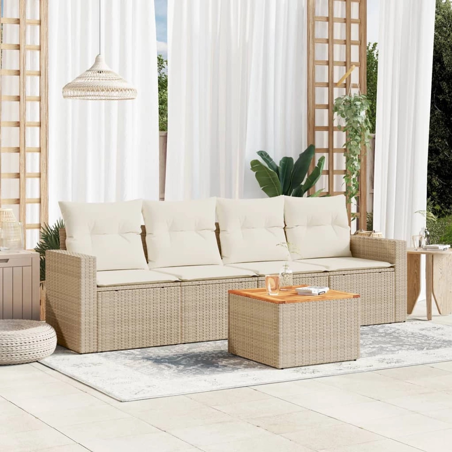 Beige 5-tlg. vidaXL Garten-Sofagarnitur aus Rattan mit Kissen für Terrasse und Garten.