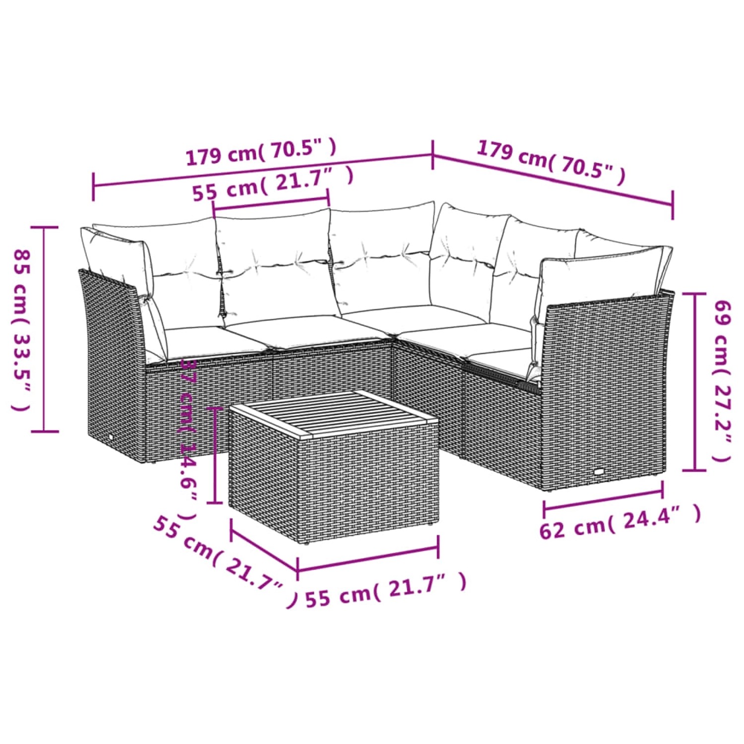 Beige 6-tlg. vidaXL Garten-Sofagarnitur aus Polyrattan mit Kissen, Maße eingezeichnet.