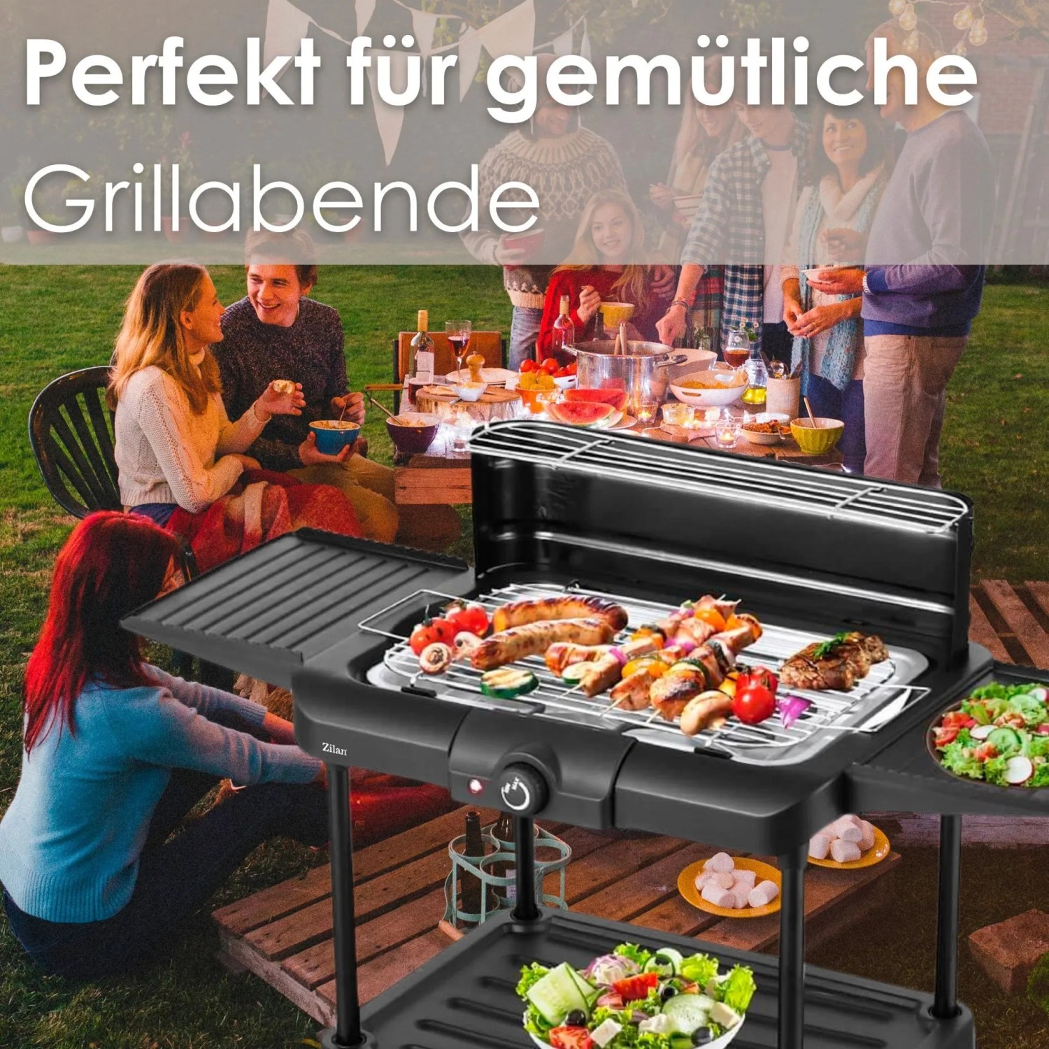 Zilan 2in1 Elektrogrill: Standgrill und Tischgrill mit Grillgut und Salaten im Garten.