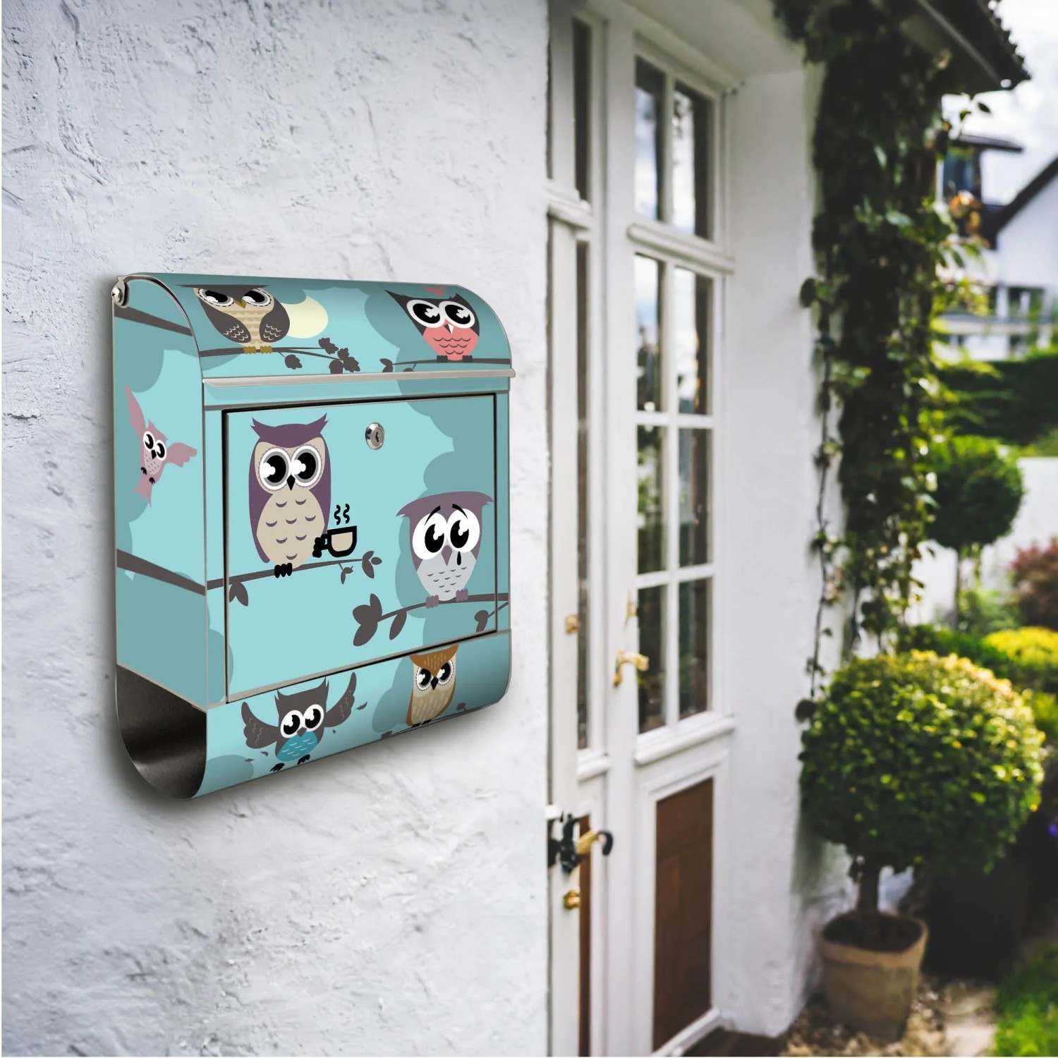 Edelstahl Briefkasten mit Eulen Motiv und Zeitungsfach, rostfrei, 38x43x12.5cm.