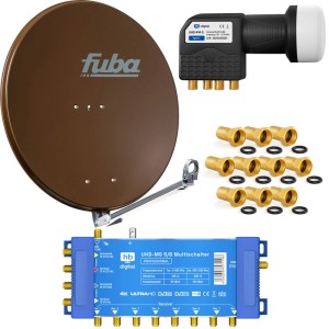 Braune Fuba 80cm Satellitenschüssel, schwarzer LNB, blauer Multischalter und goldene F-Stecker für 4K SAT Anlage.