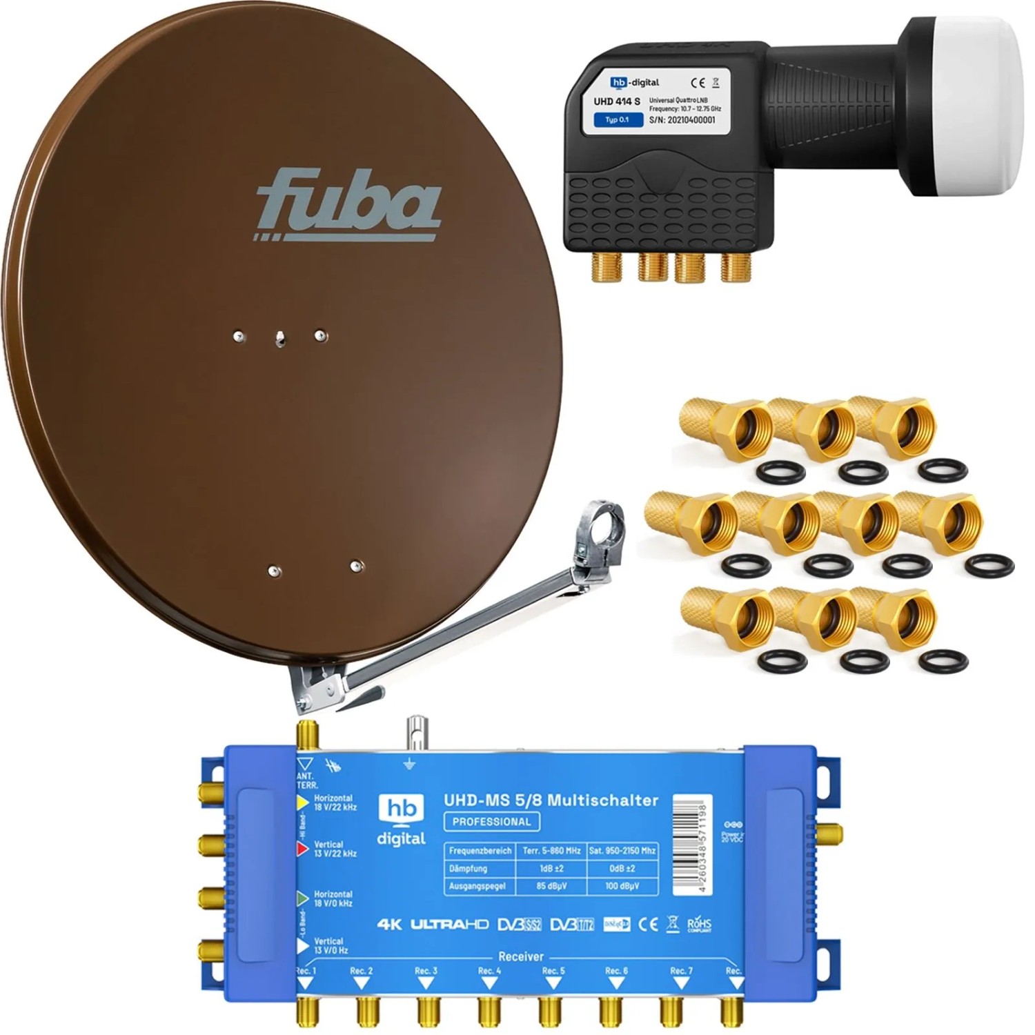 hb-digital SAT Anlage Fuba DAL 800 80cm mit Multischalter MS 5/8 und Quattro LNB Braun