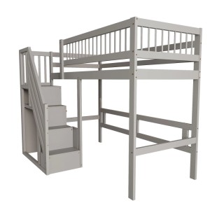 Graues okwish Massivholzbett mit Treppe und Stauraum, 90x200 cm, ohne Matratze.