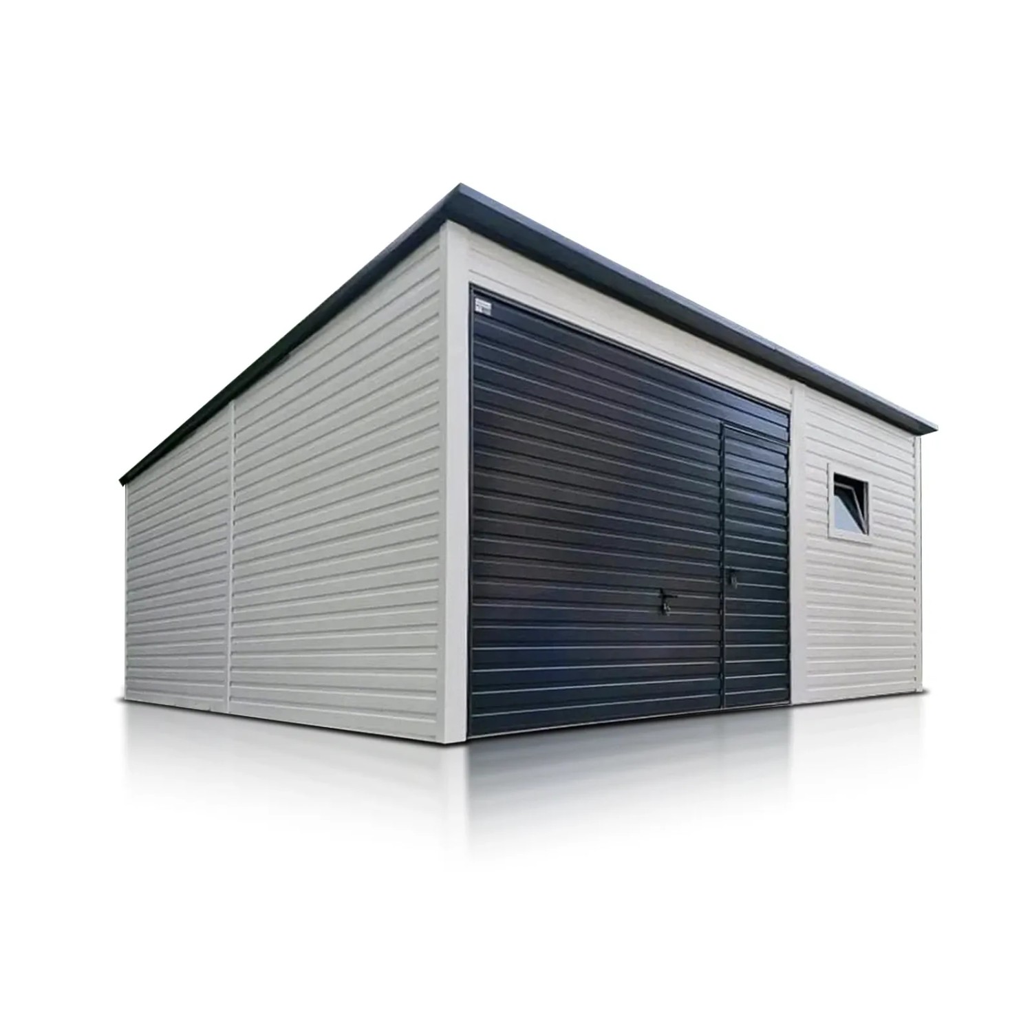 Liderstal Einzelgarage Premium aus Blech 600 x 600 cm Pultdach Schwingtor Automat Grauweiß