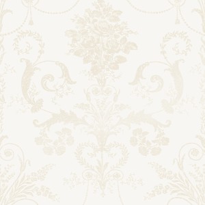 Laura Ashley Vliestapete Josette White mit floralem Damastmuster.