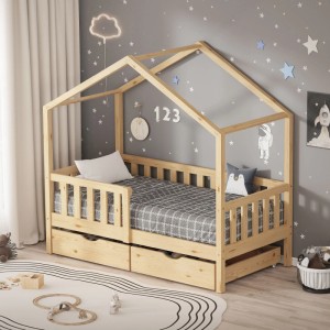 ML-Design Hausbett 70x140 cm aus Kiefernholz mit 2 Schubladen im Kinderzimmer.