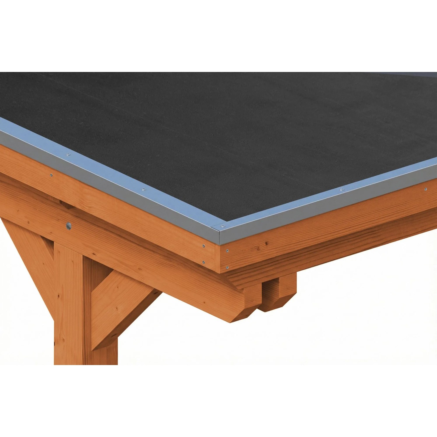 Detailansicht des Skan Holz Carport Emsland Flachdachs mit dunkler EPDM-Folie, silberner Alukante und hellem Eichenholz.