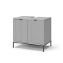 Grauer Waschbeckenunterschrank Eliza 70 cm mit Türen und Schublade auf schwarzen Metallfüßen.