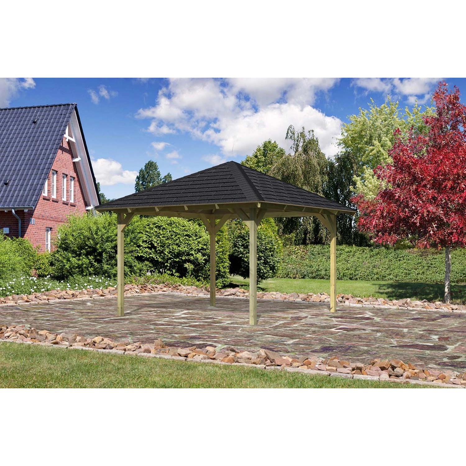 Karibu Pavillon Bever 3 Set kdi mit Schindeln Schwarz 314 cm x 314 cm x 303 cm