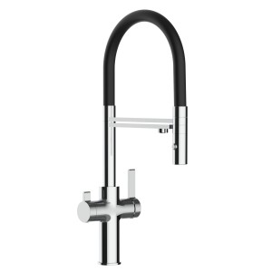 VIZIO 4-Wege Küchenarmatur, verchromt/schwarz, mit schwenkbarem Auslauf und Handbrause.