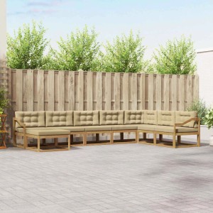 U-förmige vidaXL Outdoor-Sofagarnitur aus Akazienholz mit beigen Kissen auf einer Terrasse. 8-teiliges Gartenmöbel-Set.
