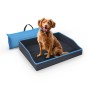 Blaues, faltbares Hundebett 80x60cm mit Hund. Ideal als Reisebett.