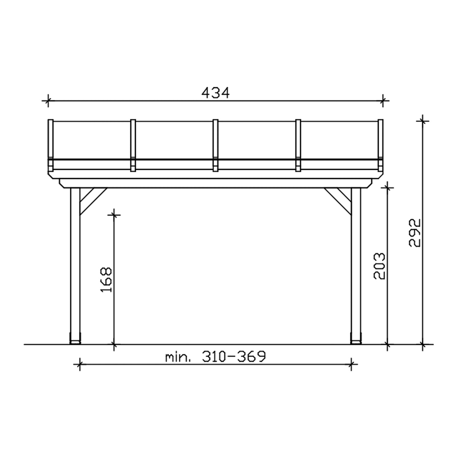 Maßzeichnung der Skan Holz Terrassenüberdachung Ancona. Zeigt Breite 434 cm, Gesamthöhe 292 cm, Durchgangshöhe 203 cm.