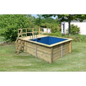 Karibu Holzpool mit Terrasse, KDI, blaue Innenhülle, Leiter und Sandfilter.