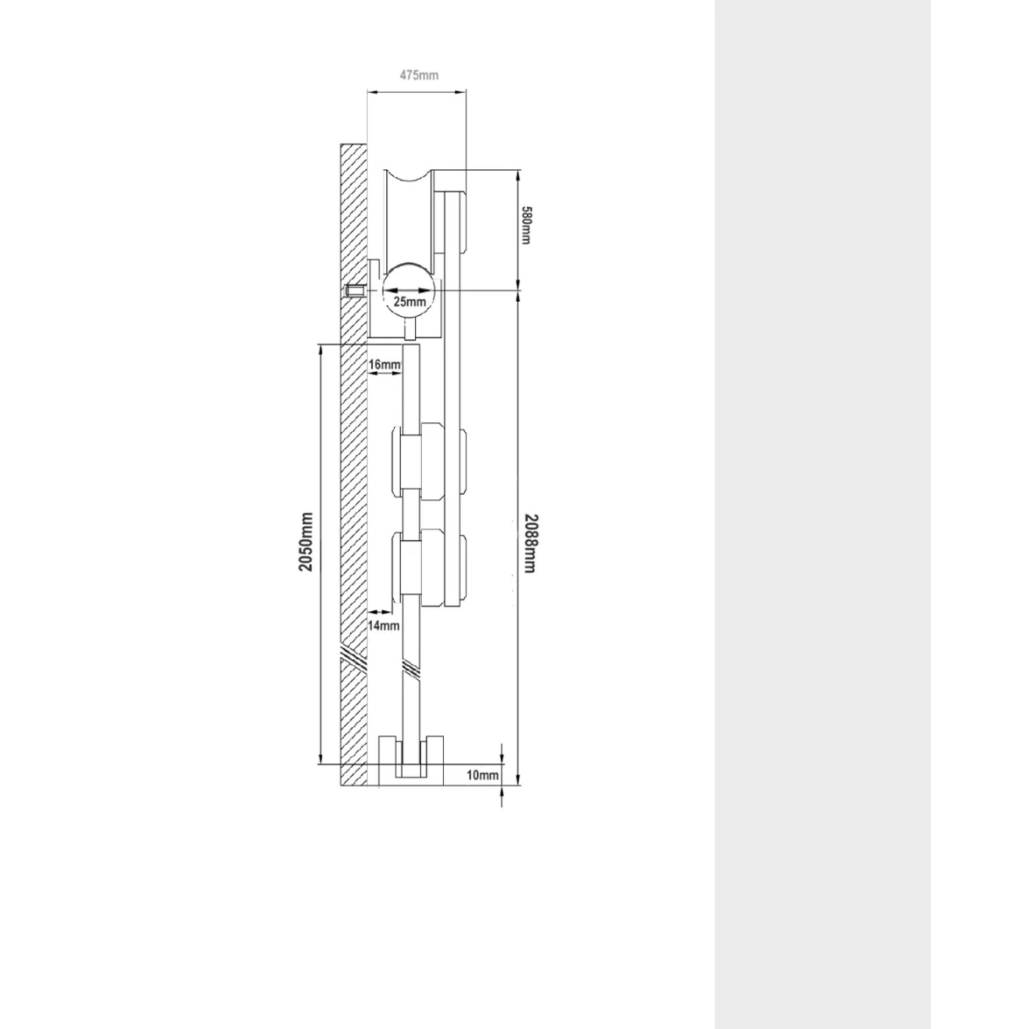 Technische Zeichnung der Glasschiebetür Hagen 900 mm mit Maßen für die Montage.