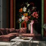 Wohnzimmer mit schwarzer Marburg Fototapete Floral Modern mit Blumenstillleben.