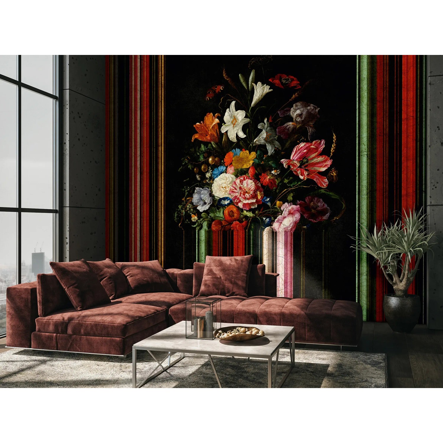 Wohnzimmer mit schwarzer Marburg Fototapete Floral Modern mit Blumenstillleben.