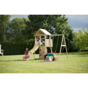 Kinderspielturm Biene mit Rutsche, Kletterwand und Schaukel für Kinder im Garten.