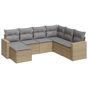 7-tlg. Garten-Sofagarnitur Beige Poly Rattan mit grauen Kissen für Terrasse und Garten.