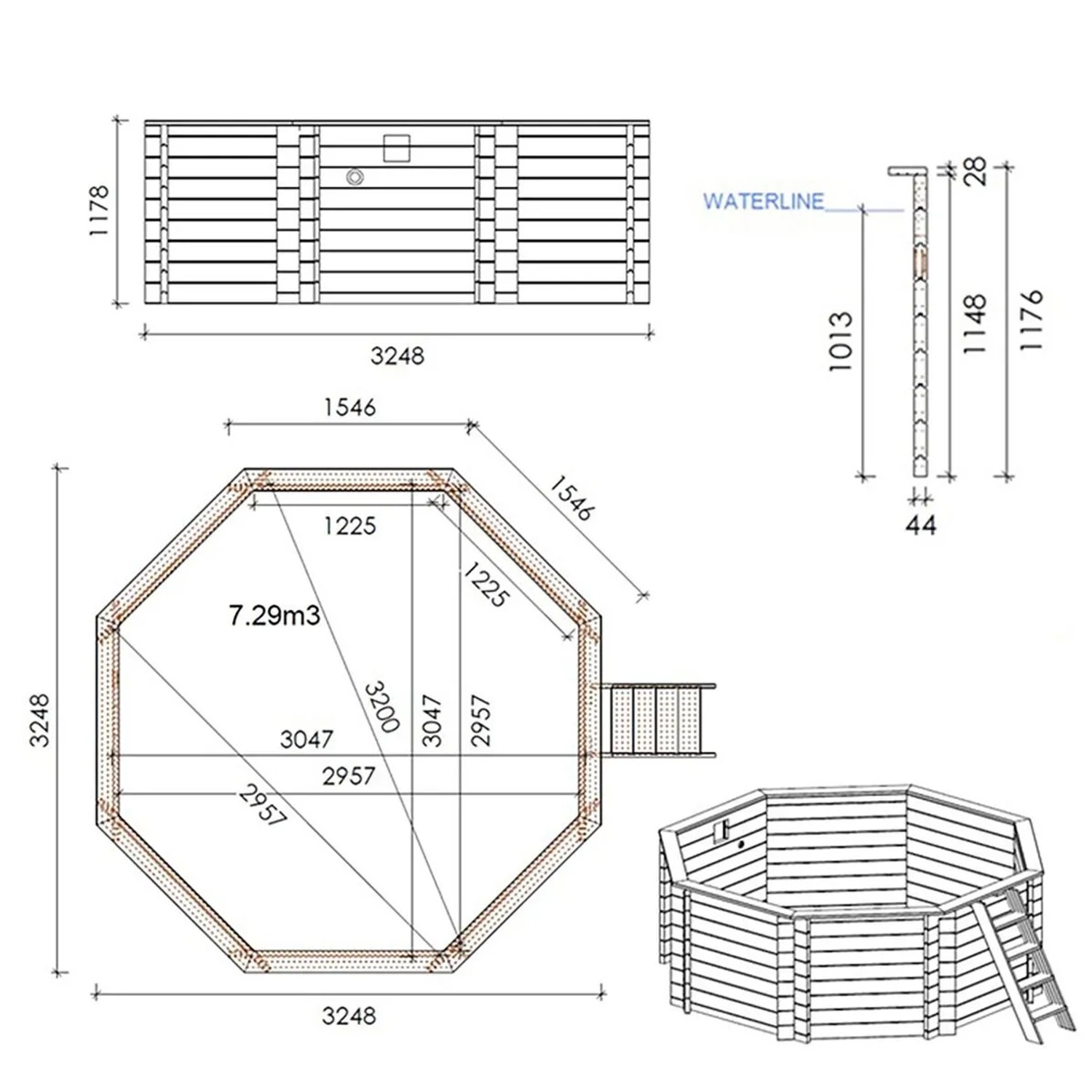 Technische Zeichnung ALTANKA Holzpool Coral 3,25x3,25 m mit Maßen und Ansichten.