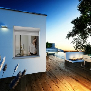 Anthrazitfarbener Windhager Insektenschutzrahmen IS Plus Ultra Flat am Fenster mit Rollladen.