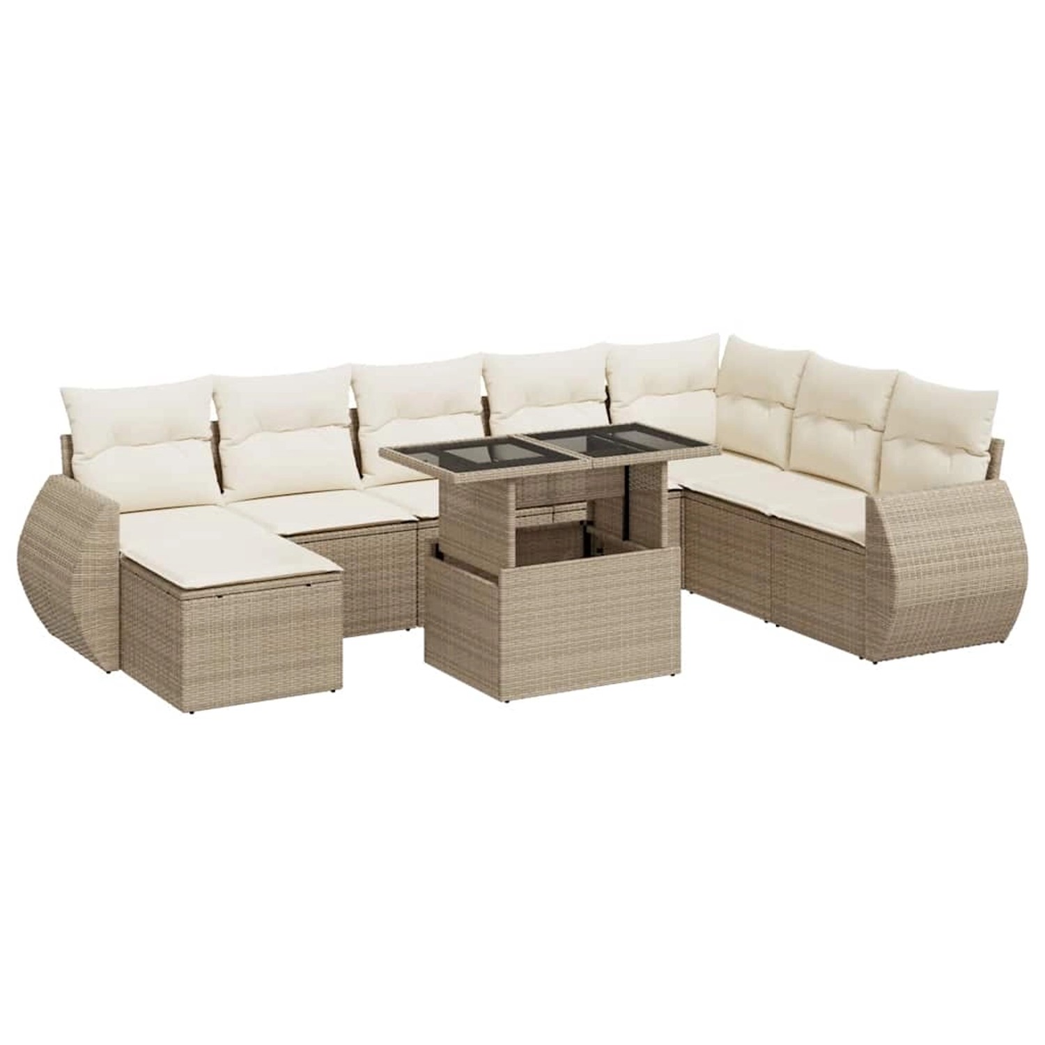 vidaXL 9-Tlg Garten-Sofagarnitur mit Kissen Beige Poly Rattan 3326689