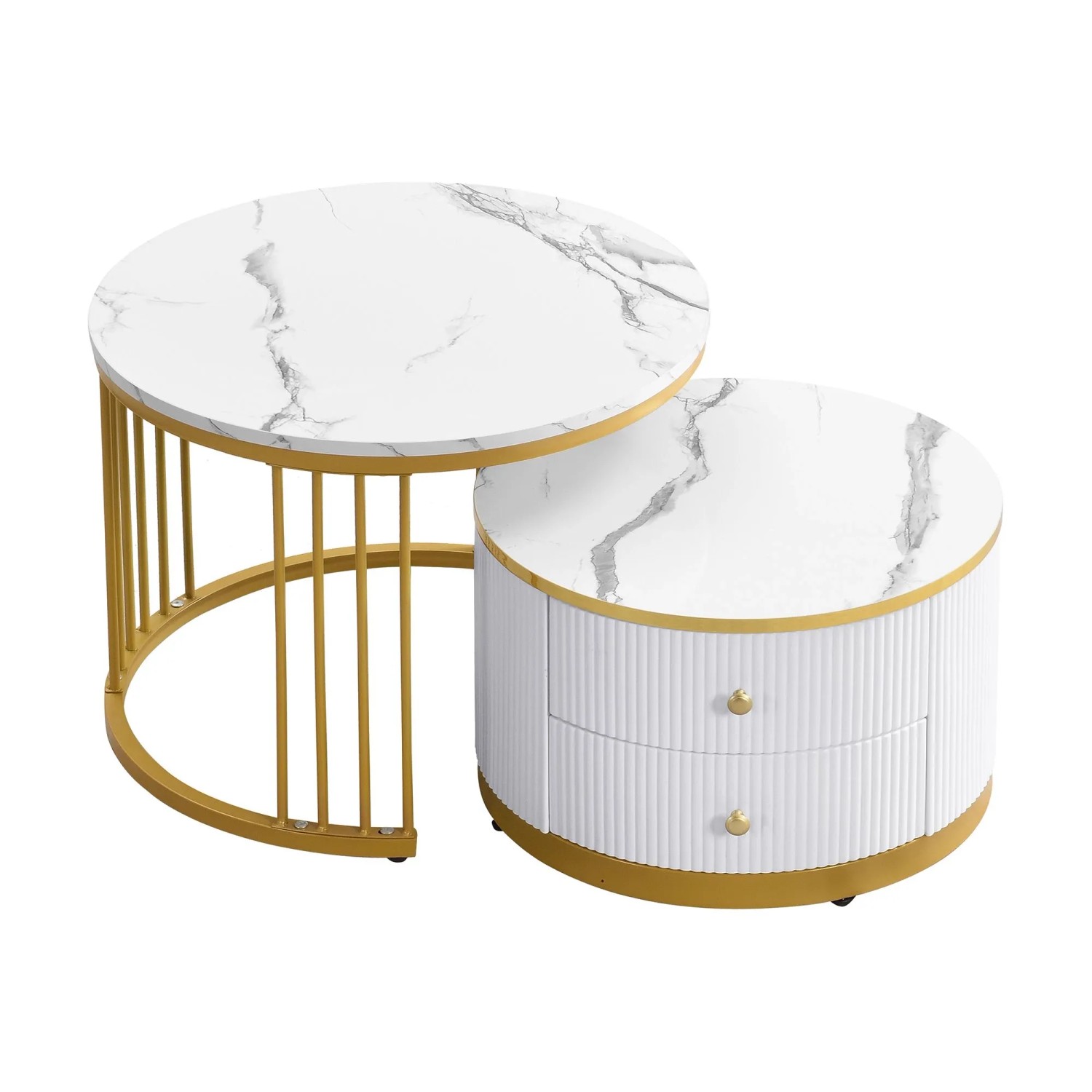 ModernLuxe 2er Set Satztische Hochglanz Marmoroptik mit 2 Schubladen MDF Weiß und Gold