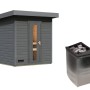 Karibu Saunahaus Arvi 1 Set mit 9 kW Ofen, terragrau. Sauna für den Garten.