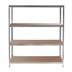 Wiltec Schwerlastregal aus verzinktem Metall mit 4 braunen MDF-Ablagen. Robustes Steckregal für Keller & Werkstatt.