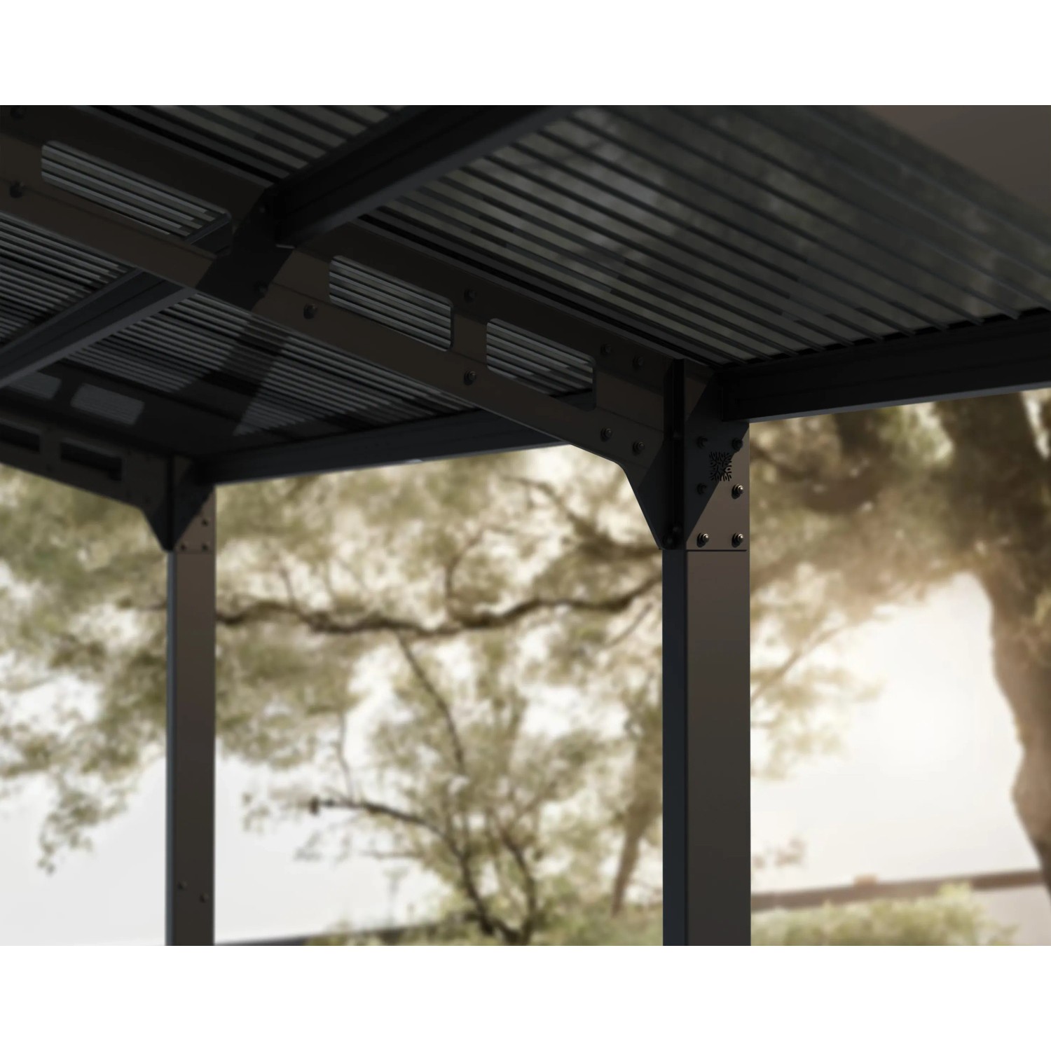 Detailansicht des schwarzen Palram Canopia Sydney Wave Carports mit Polycarbonat-Dach.