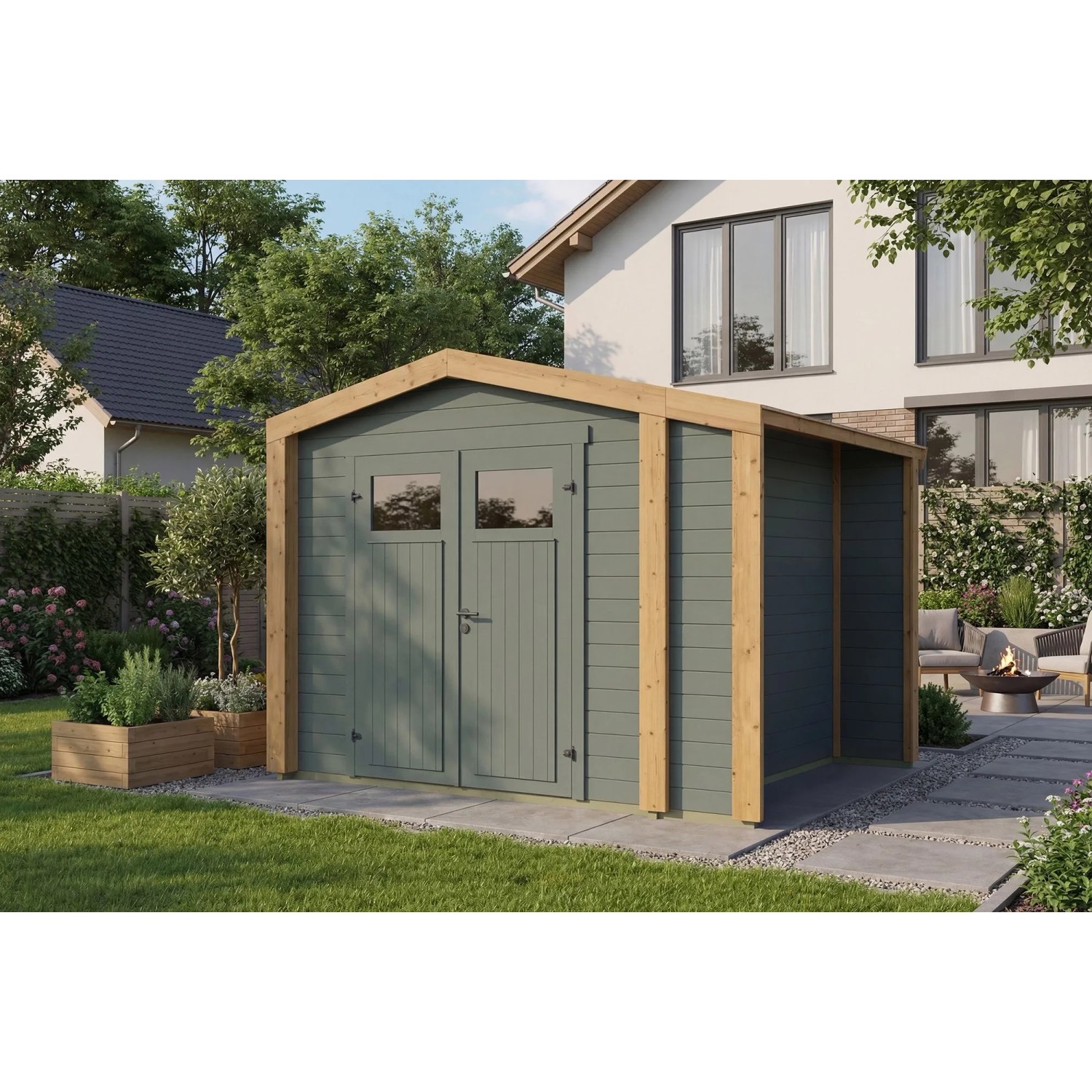 Weka Holz-Gartenhaus Killarney Satteldach Grau-Grün Lasiert 311 cm x 263 cm