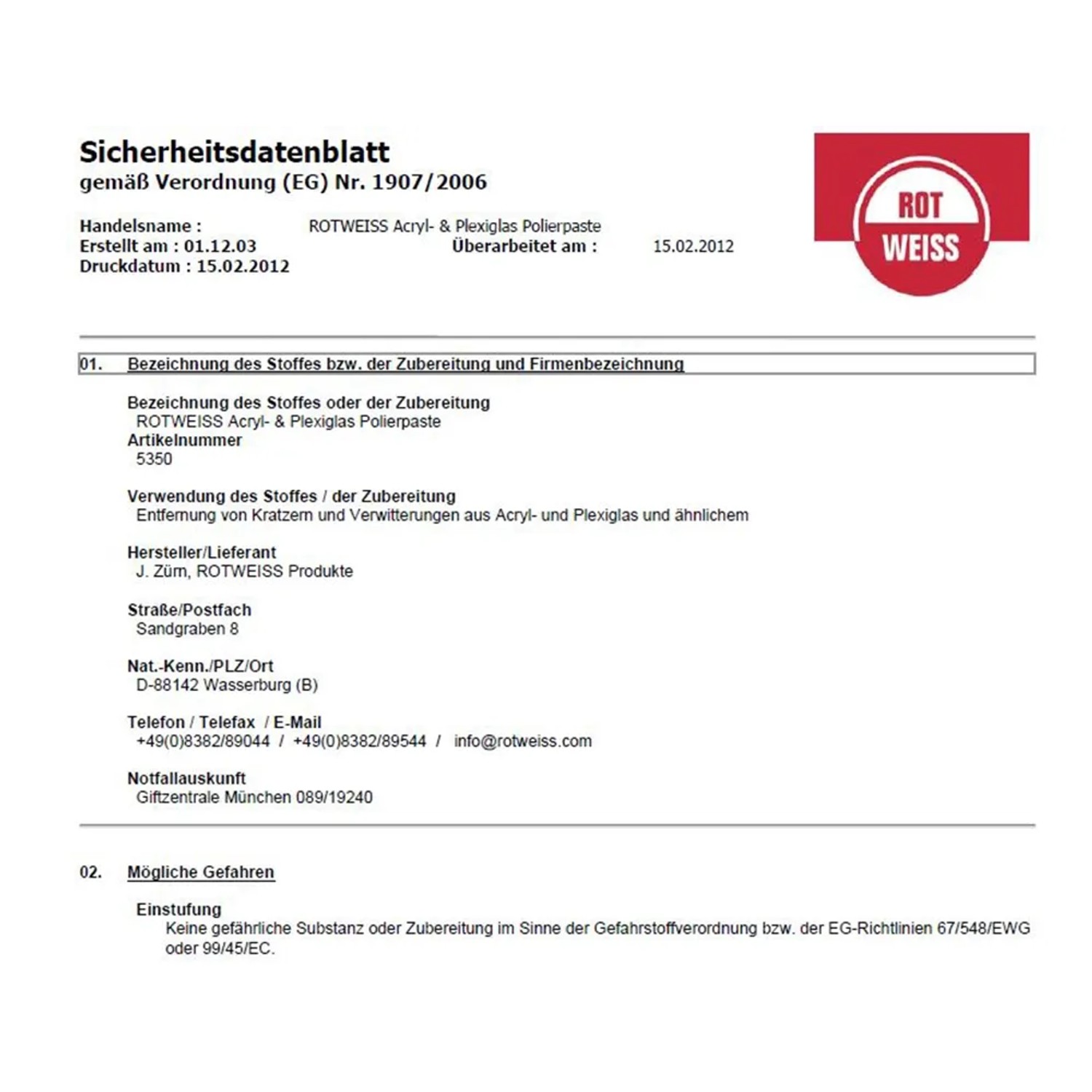 Sicherheitsdatenblatt für ROTWEISS Acryl- & Plexiglas Polierpaste.