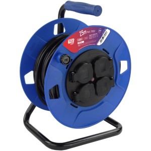 Blaue Tayg Kabeltrommel mit 25 m Kabel, vier Steckdosen und schwarzem Metallgestell.